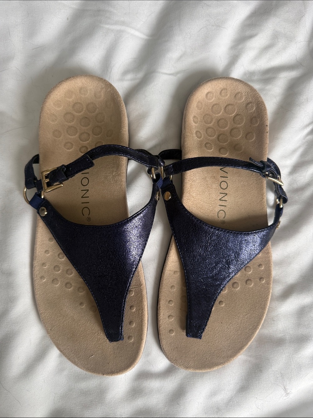 Vionic Navy Metallic Thong Sandals with Buckle Strap